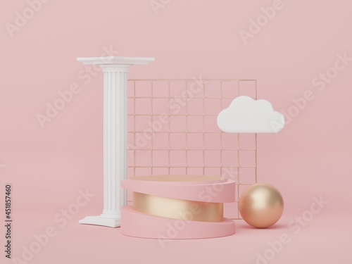 Abstract display podium with minimal geometric shapes design. 3d rendering scene for mock up and product presentation. Pedestal platform for cosmetic advertise.