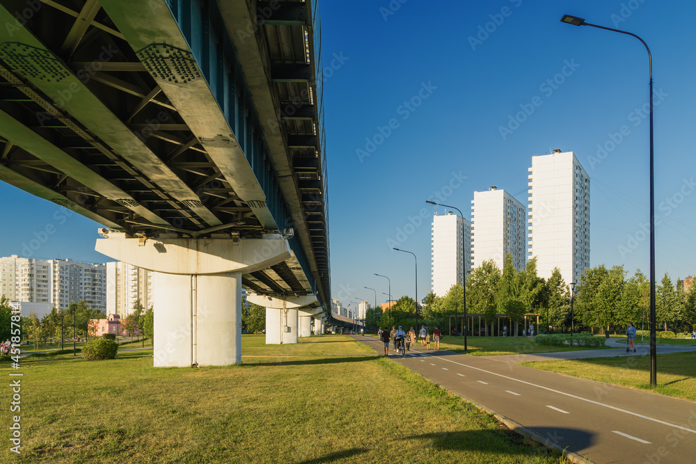 Fototapeta premium Summer sunset view of Yuzhnoe Butovo park in South Butovo district, Moscow, Russia.