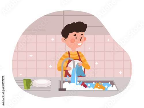 Boy wash dishes. Child helps mom to cope with household chores. Son cleans up for family after delicious dinner. Reminder ofimportance of cleanliness. Housework. Cartoon flat vector illustration