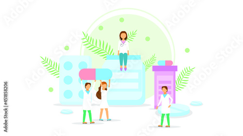 Abstract Flat Medic Man And Woman Carry The Pill Cartoon People Character Concept Illustration Vector Design Style Healthcare Drugs Pharmacology With Leaves © Дмитрий