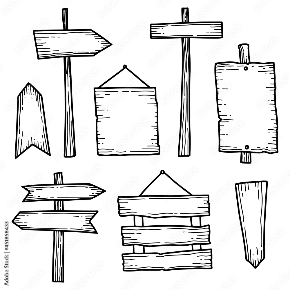 Hand drawn set of direction signs. Sketch in doodle style. Vector ...