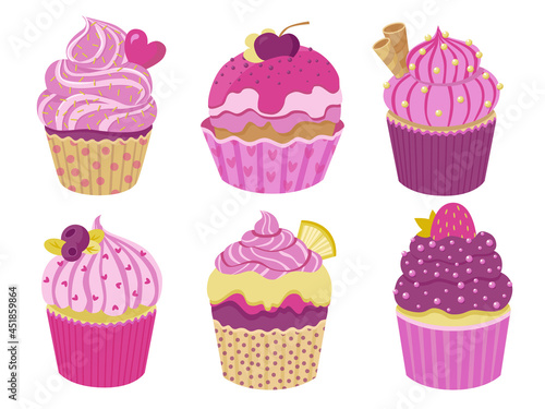 Set of cute little cupcakes with cream and berries. Delicious dessert with different decor. Pink and purple sprinkles muffins collection. Vector illustration on white background.
