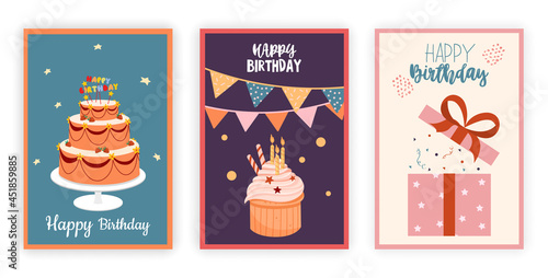 Set of birthday. Images for greeting cards. Graphic elements for posters and stickers. Collection of kids icons. Birthday cake, gift, fireworks. Cartoon vector set isolated on white background