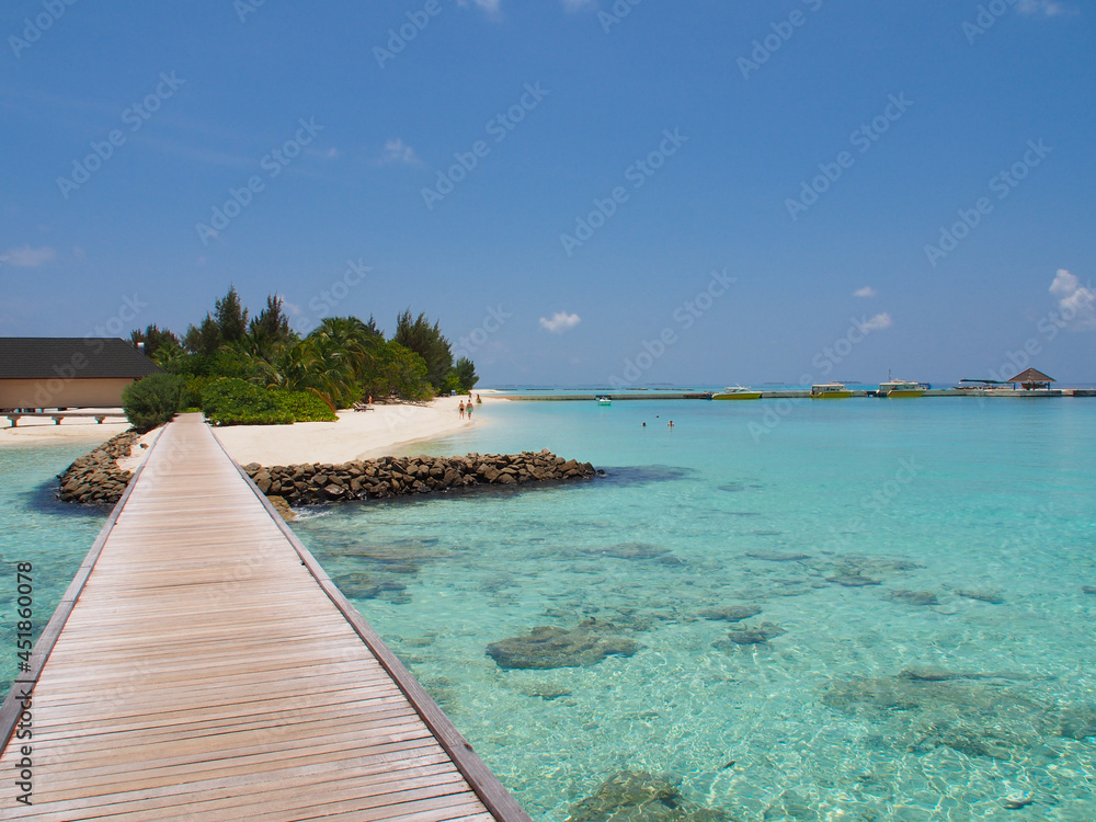 Sunny day with white sand, blue water and green bushes in the Maldives. Copy space for text.