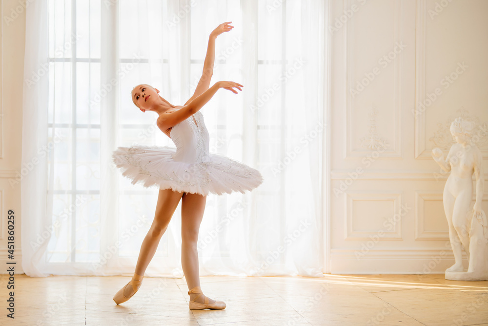 young slender ballerina in a white tutu stands in an arabesque on pointe shoes in beautiful white room opposite window. - obrazy, fototapety, plakaty 
