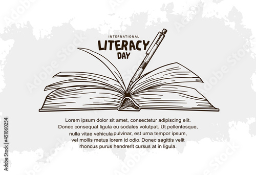 international literacy day with open book and pen isolated on white background can be use for background, poster and banner