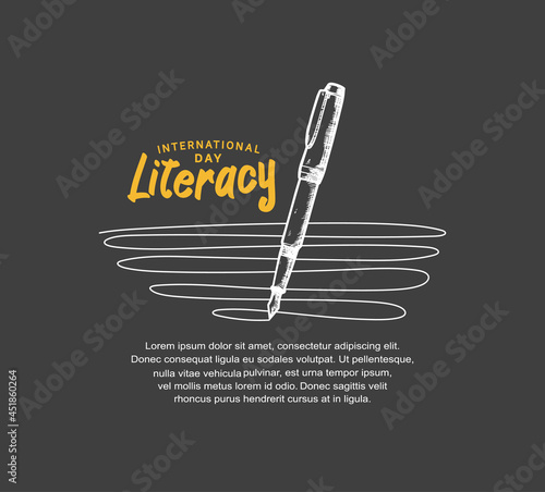 international literacy day with pen writing line illustration isolated on black background