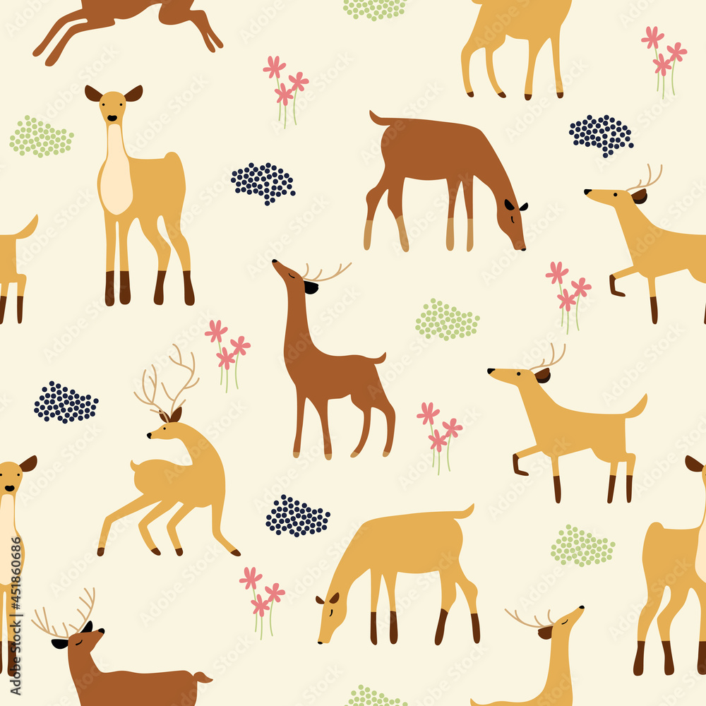 Seamless pattern with deer in the forest. Vector flat illustration with wild cute animal on a beige background. Seamless pattern with deer in the forest. Vector flat illustration with wild cute animal on a beige background.