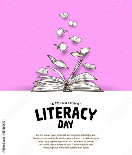 international literacy day with open book and flying book, pink background for poster, banner and greeting card