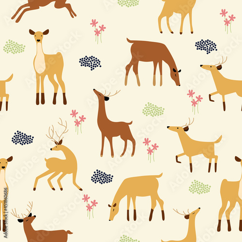 Seamless pattern with deer in the forest. Vector flat illustration with wild cute animal on a beige background.