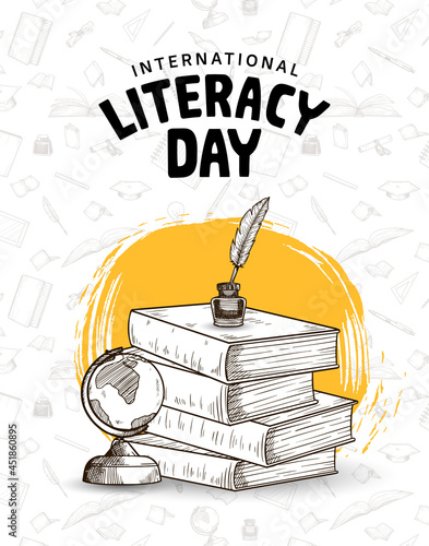 international literacy day with books, feather pen, ink, and globe, yellow brush isolated on white background