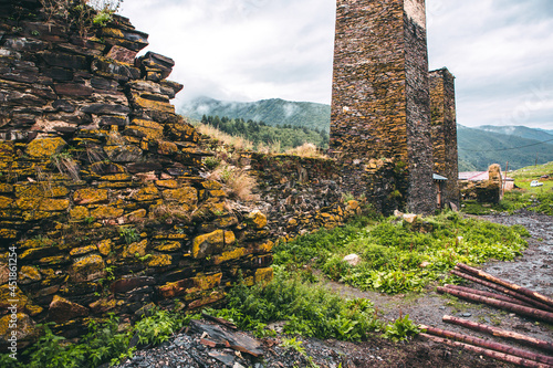 A beautiful landscape photography with old village Usghuli in Caucasus Mountains in Georgia. photo