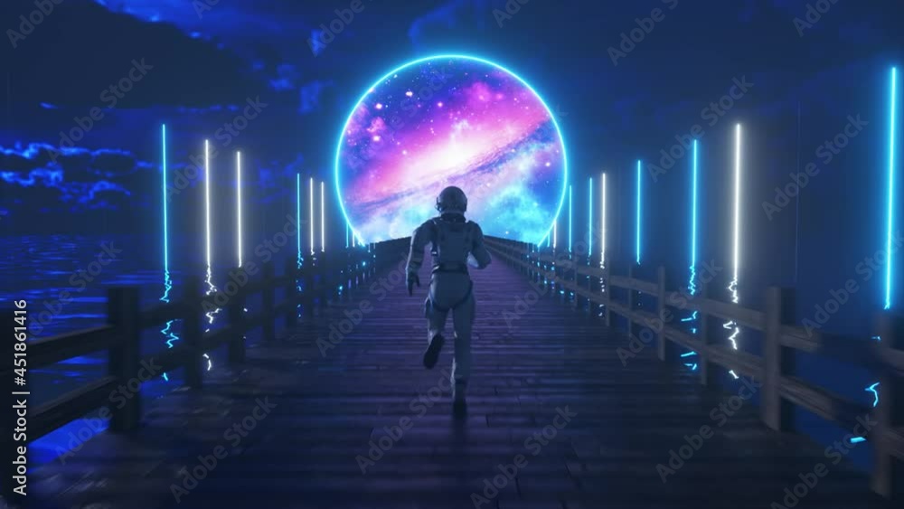 Astranaut runs along the endless wooden bridge across the ocean to his dream. Space circle with neon lighting ahead. 3D animation of seamless loop Astranaut runs along the endless wooden bridge across the ocean to his dream. Space circle with neon lighting ahead. 3D animation of seamless loop
