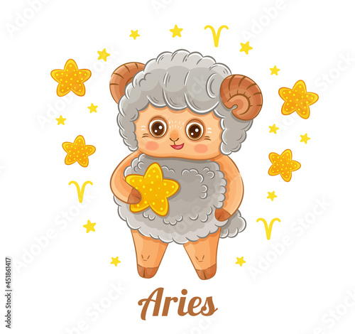 Aries astrology zodiac sign.  Funny little ram or male sheep. Cute baby animal character with stars on sky. Children astrological horoscope symbol for calendar, birthday greeting card. Cartoon vector