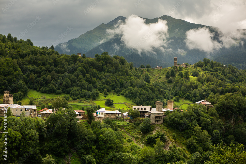 A beautiful landscape photography with old village Usghuli in Caucasus Mountains in Georgia.