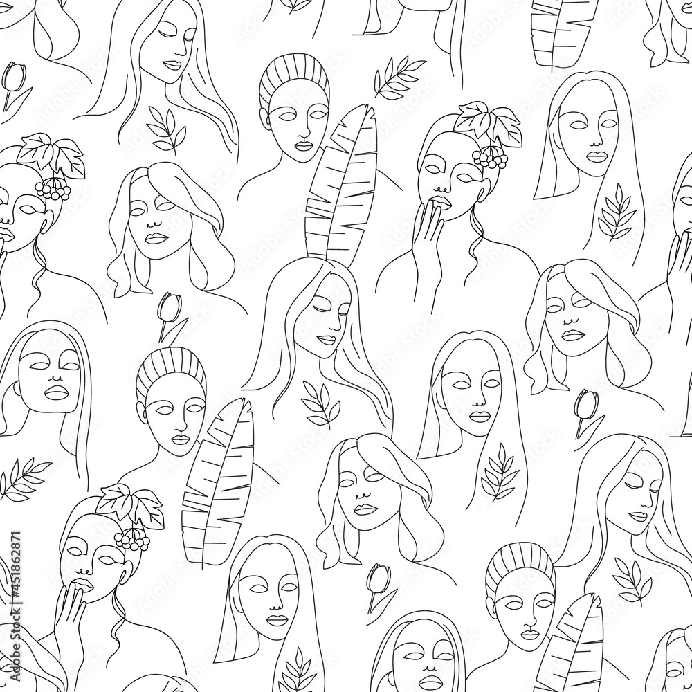 Seamless pattern with abstract various female faces and flowers. Outline of portraits on a white background. Vector illustration for textiles, design.
