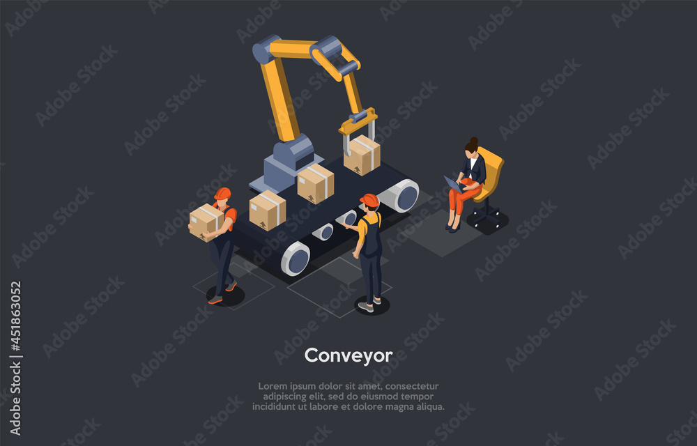 Vector Illustration In Cartoon 3D Style. Isometric Composition With Characters And Objects. Warehouse Or Factory Conveyor Concept. Store Goods Production Process. Robotic Mechanism, Cardboard Boxes.