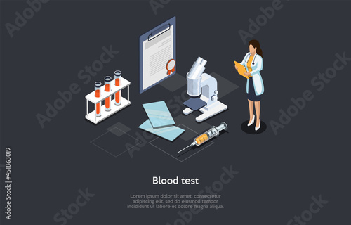 Medical Blood Test Concept Illustration On Dark Background. Cartoon Style 3D Composition. Isometric Vector Design. Hospital Treatment Process. Female Doctor, Documents, Microscope, Tubes And Syringe.