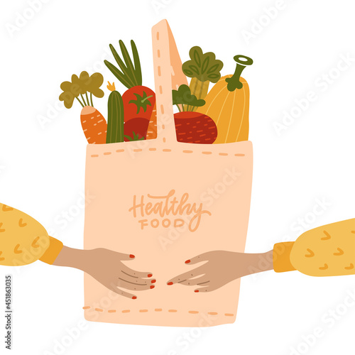 Female Human hands holding Eco bag full of vegetables isolated on white background. Eco-friendly shopper with fresh organic food from local market. Vector flat cartoon illustration