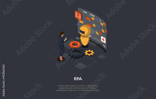 Vector Illustration In Cartoon 3D Style. Isometric Composition With Character And Objects. Robotic Process Work Automation Concept. Modern Software Technology, Artificial Intelligence Programming.