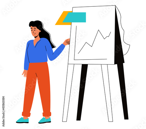 A woman makes a report on analytics. Business analytics, summing up the results. Vector illustration in a flat style