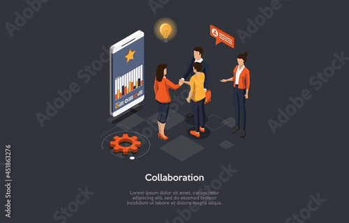Illustration On Dark Background With Writing And Characters. 3D Cartoon Style Composition, Isometric Vector Design. Businesspeople Collaboration Process Concept. Working Team, Smartphone With Graph
