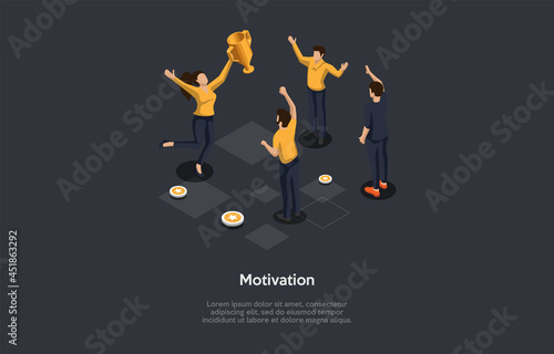 Illustration On Dark Background With Writing And Characters. 3D Cartoon Style Composition, Isometric Vector Design. Motivation Concept. Professional And Personal Growth Ideas. Group Of Happy People