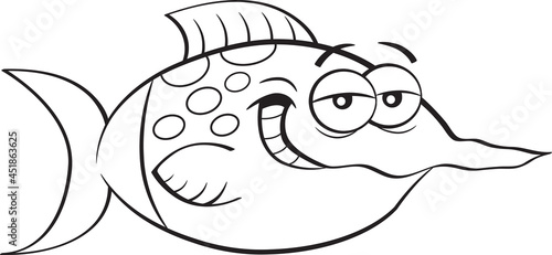 Black and white illustration of a sly smiling fish.