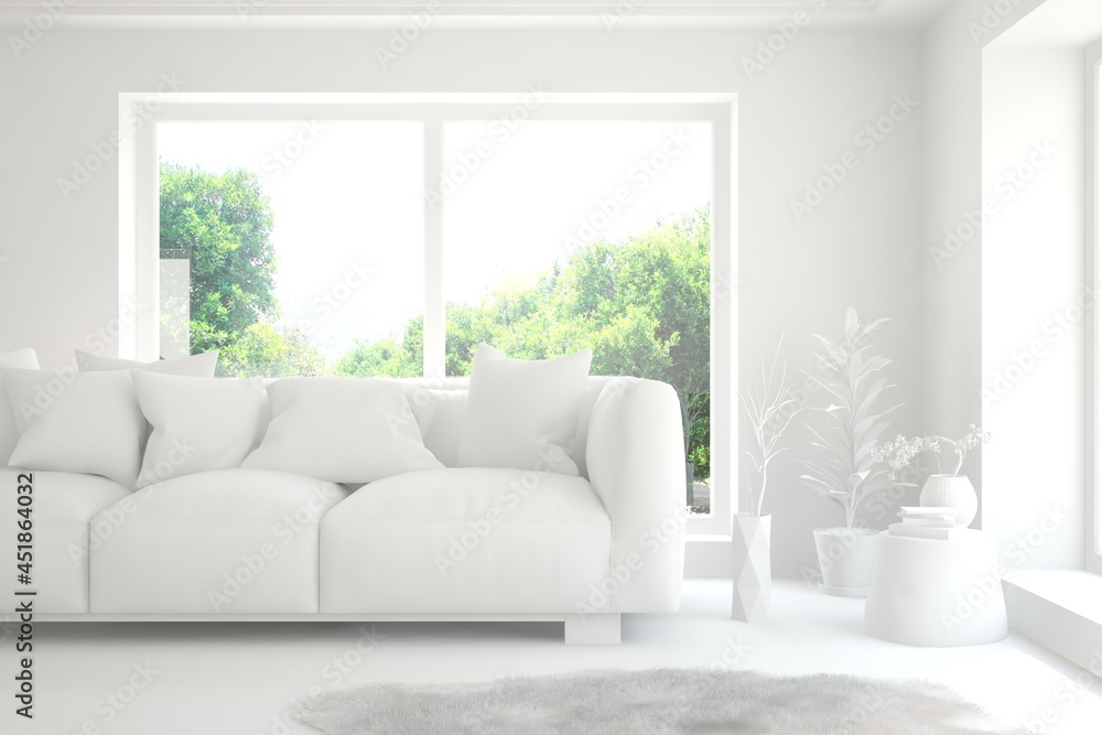 Mock up of stylish room in white color with sofa and green landscape in window. Scandinavian interior design. 3D illustration Mock up of stylish room in white color with sofa and green landscape in window. Scandinavian interior design. 3D illustration