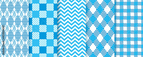 Lozenge checkered seamless pattern. Bavarian Oktoberfest textures. Argyle diamond backgrounds. Set blue prints with rhombus, zigzag, check and plaid. Vector illustration. Modern geometric backdrop.