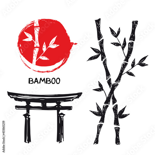 Japan Gate. Bamboo tree. Hand drawn style. Vector illustrations.	
