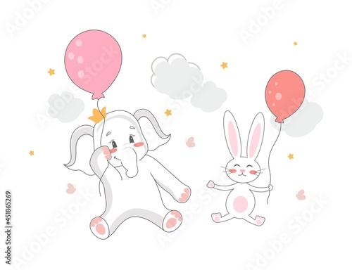 Elephant and Bunny. Animals sit nearby and hold balloons in their hands. Friends celebrate holidays. Pictures for boy and girl, posters and stickers for teens. Cartoon flat vecor illustration