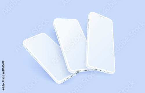 Clay phone mockup isolated with blank screen. Realistic flying smartphone set with shadow, 3d template for show your mobile app design presentation.