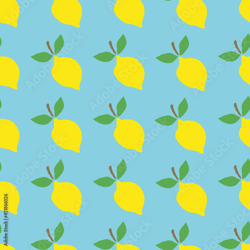Colorful summer background with bright lemons on a blue background. Summer template. Bright print on fabric, notebooks, clothes. Seamless pattern with bright lemons.