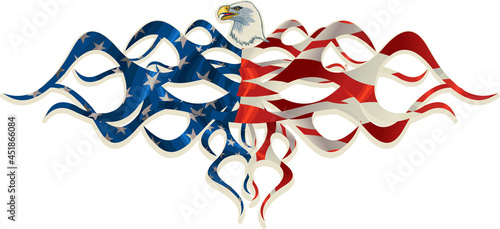 American eagle with USA flags. Redoubtable Bald North American Eagle