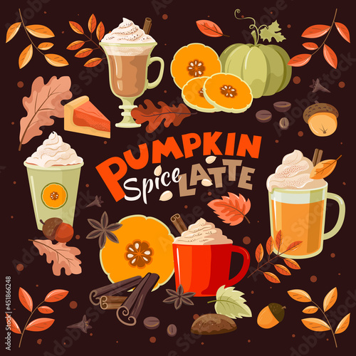 Pumpkin spice latte. Cozy, autumn set. Vector, isolated.