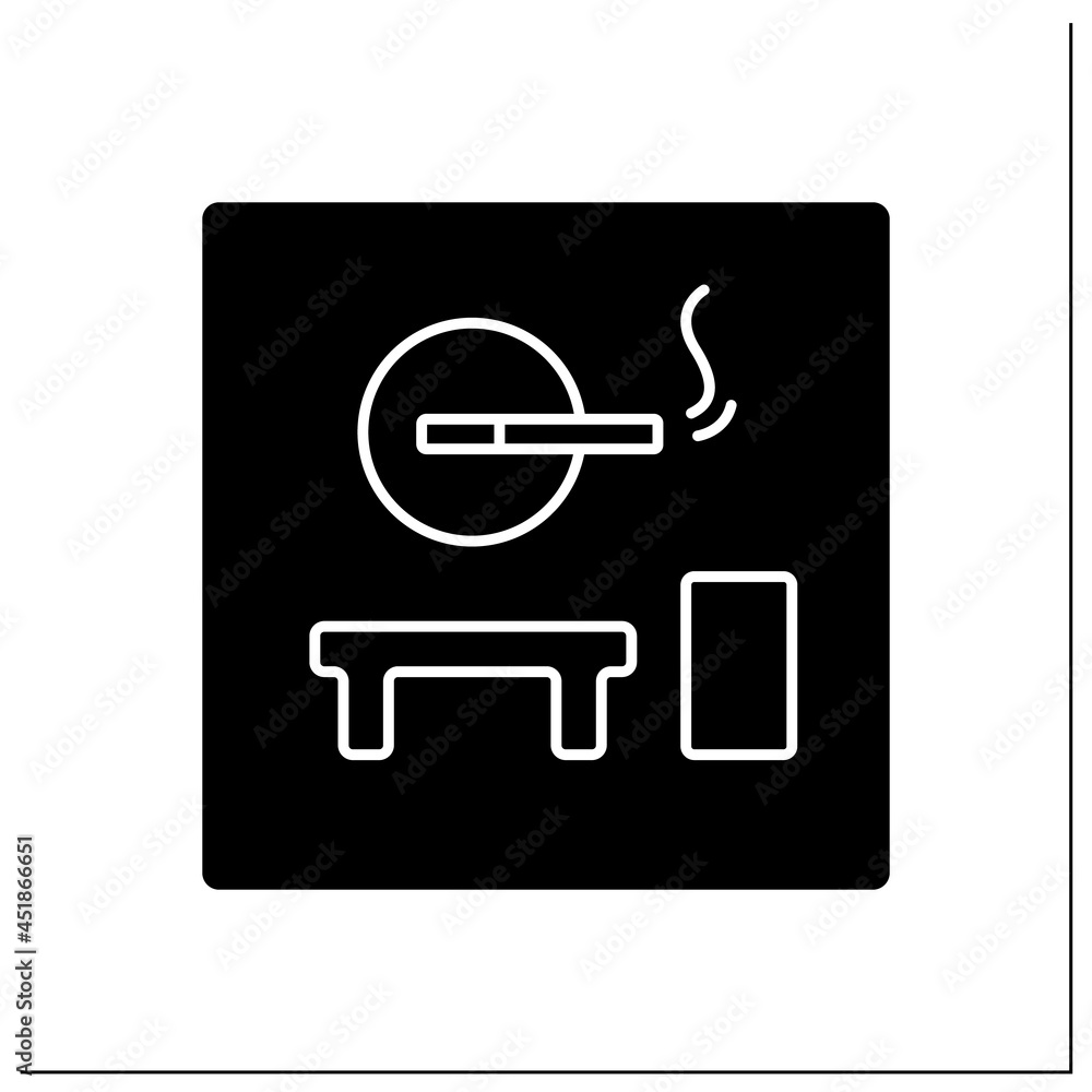 Smoking room glyph icon. Pointer.Smoking lounge.Zone provided and furnished for smoke.Airport terminal concept. Filled flat sign. Isolated silhouette vector illustration Smoking room glyph icon. Pointer.Smoking lounge.Zone provided and furnished for smoke.Airport terminal concept. Filled flat sign. Isolated silhouette vector illustration