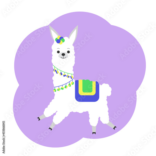 Illustration of a cute llama in colored ornaments. Holiday postcard