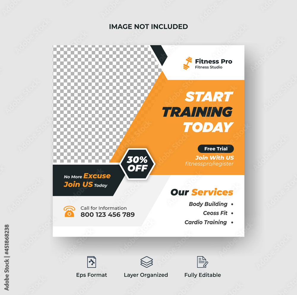 gym and Fitness instagram social media post template design or gym web banner premium Vector