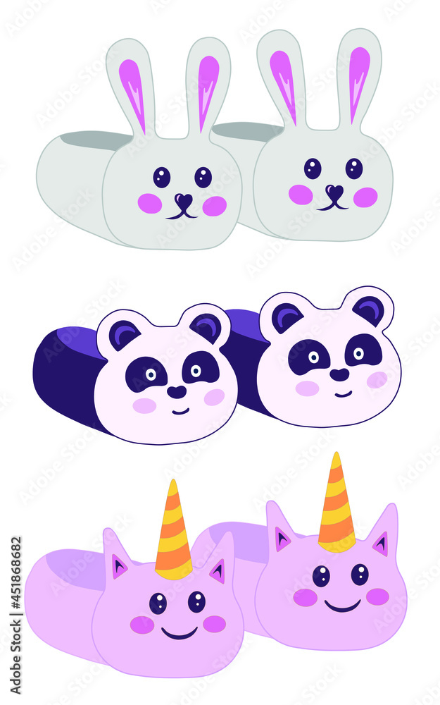 Home slippers with panda, rabbit, unicorn head on white background vector. Home slippers with panda, rabbit, unicorn head on white background vector.
