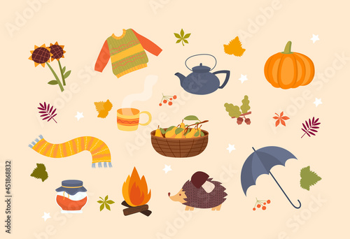 Autumn icons set. Cute stickers with sweater, scarf, hot drink, hedgehog, berries, fruits and fallen leaves. Design elements for posters and covers. Flat vector collection isolated on pink background