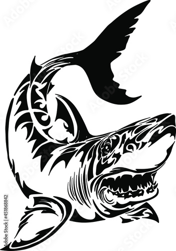 Black and white vector illustration of shark. Silhouette of a sea monster. Terrible bloodthirsty predator. A monster of the ocean depths. A symbol of aggression and anger. Angry fish with big teeth
