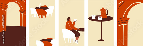 Vector set of social media stories design templates. Women drinking coffee modern abstract illustration. Background with copy space for text. Cartoon flat vector greeting cards, poster. Cafe interior.