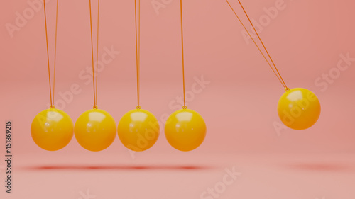 Newton cradle with balancing pendulum of silver metal balls hanging  background isolated with shadows. 3d render