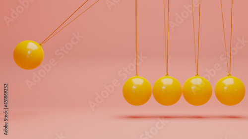 Newton cradle with balancing pendulum of silver metal balls hanging  background isolated with shadows. 3d render