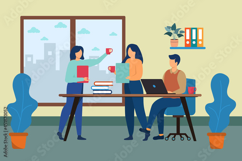 Business people dressed in casual clothes sitting table with laptops and talking colleague. Office workers discussing project. Business meeting and consideration of working moments