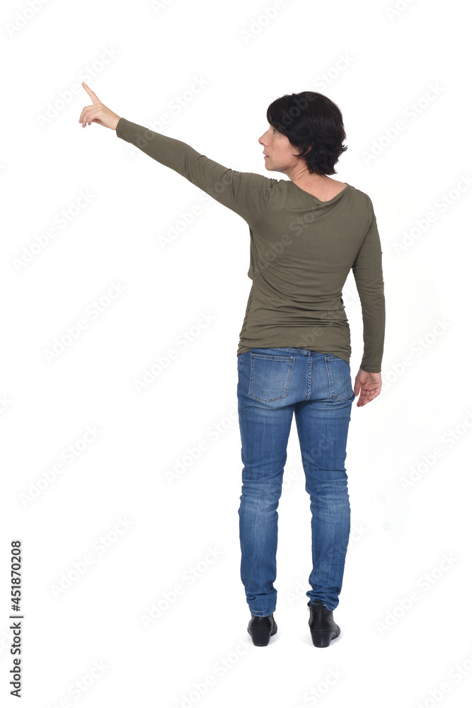 rear view of a woman pointing on white background rear view of a woman pointing on white background