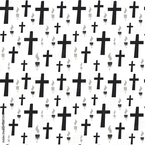Crosses and candles Colorless seamless pattern Different size cross, candle Vector illustration © Nonna