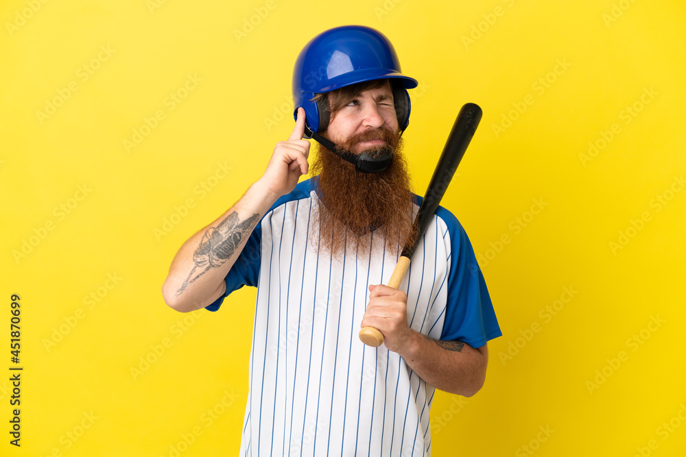 Redhead baseball player man with helmet and bat isolated on yellow background frustrated and covering ears Redhead baseball player man with helmet and bat isolated on yellow background frustrated and covering ears