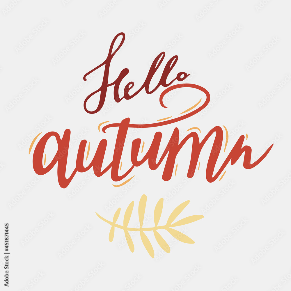 Caption Hello Autumn lettering calligraphy. Vector illustration on white background with a smear of yellow ink. Concept autumn advertising. Golden fall Caption Hello Autumn lettering calligraphy. Vector illustration on white background with a smear of yellow ink. Concept autumn advertising. Golden fall